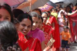 Colourful dresses at the Tiji festival.