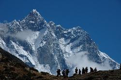 Back on the main trail towards Gorak Shep the number of tourists increases; but the scenery is truly stunning and no wonder it attracts so many people - here a fine view of Lhotse flank and summit.