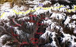 Map of Khumbu region with the route; starting in Lukla and then going counterclockwise from Chukung to Kala Patar; then Gokyo and finally return via the Thame valley.