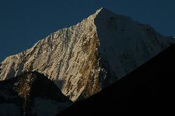 Sunrise on Thyangmoche peak from Lungden, a small settlement with a few lodges.