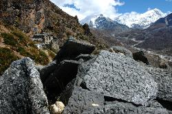 Above Dingboche lies the hermitage of Nangkartshang; a steep climb up reveals fantastic views up the Island Peak valley with Makalu rising in the very right.