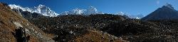 Panorama of Cho Oyo flanks (summit not visible); Gyachung Kang; Hungchi; and Mount Everest.