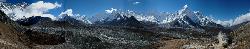 Panorama on the way to Chukung Ri; Lhotse and left and Ama Dablam at right rising above the glacier rubble.