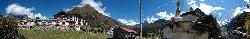 Panorama at Tengboche; from the monastery we enjoy the first glimpse of Mount Everest rising over the Lhotse Nuptse wall.