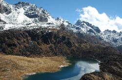 The dark blue lake of Lam Pokhari sees few trekkers.