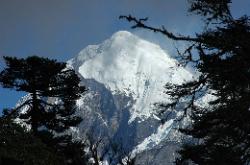 On the way from Tshoka to Dzongri the steep face of Pandim rises between the silhouettes of trees.