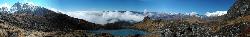 Panorama of the turqoise (female) lake and the blue (male) lakes of Lampokhari with Kabru at the far right.