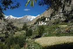 The village of Honupatta lies above the river and the barley fields.