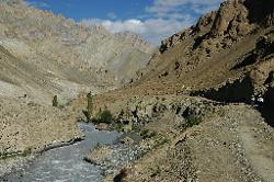 It is hard to imagine a better first day of trekking; looking back to Panjila as we walk along the river.