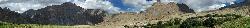 Panorama from the fields of Nyerak; Singe Peak at the very left; Singe La pass to its right; below and little more to the right the steep descent from Cho Cho Guru La, and thencanyons and the village with monastery above it; plus the way to our next pass Takti La at the right.