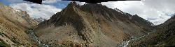 Panorama; we came from Sirsir La next to the snowy mountain on the very right; and follow the river down into the valley at the left.