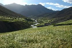 Tranquil evening in Ladakh; the fertile valley against the backlight of the setting sun.