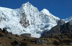 Glaciers build a nice contrast between the yellow grass and the blue sky; in the background is Gurudongmar peak. The holy lake lies behind the range and is out of sight.