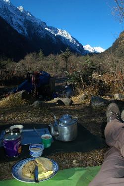 Breakfast at Talem, the regular chapati, cheese, hot chocolate and stunning views.