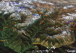 Map with camps: starting in Yumthang, then over the Lhaba La via Etini (aka Geyrum) and Tsarum to Lachen. From there up into the Zemu valley, overnight in Thalem and Yaktang and then for a daytrip to the Zemu glacier above Yabuk. Via the Kishong La (aka Yumtso La) into the remote valley of Tholung (aka Talung) and after a night at the monastery further down the valley to Lingzan.