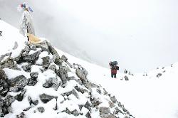 Prayerflags mark the pass that separates the Lachen from the Lachung valley. Though work is hard, all the porters make it without problems.